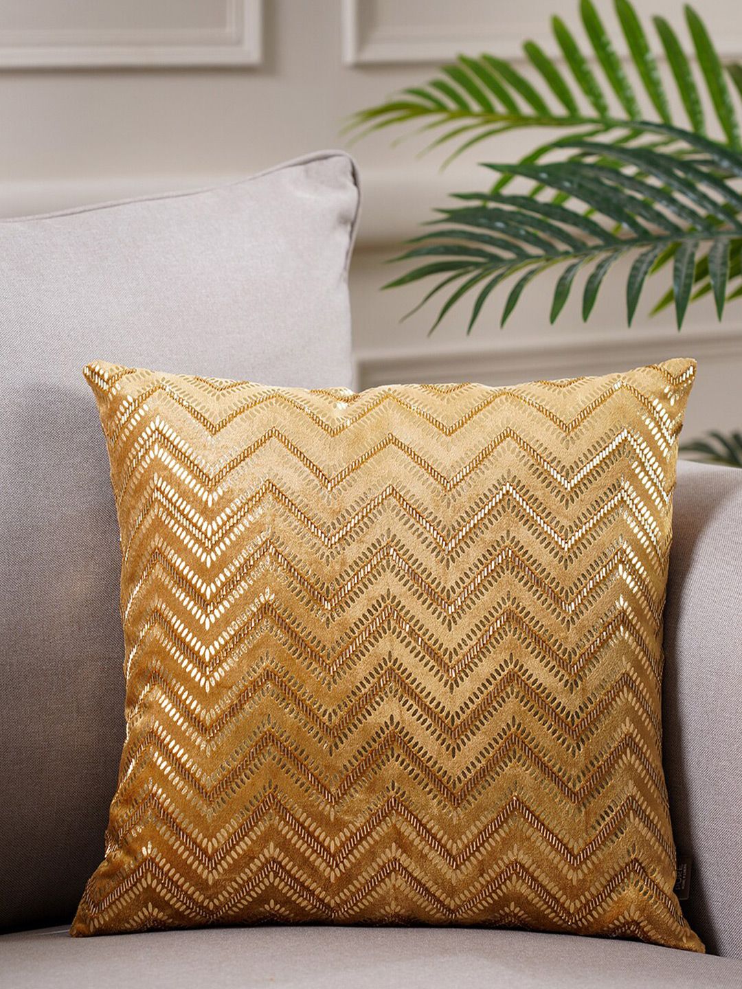 Pure Home and Living Gold Embellished Cotton Square Cushion Cover Price in India