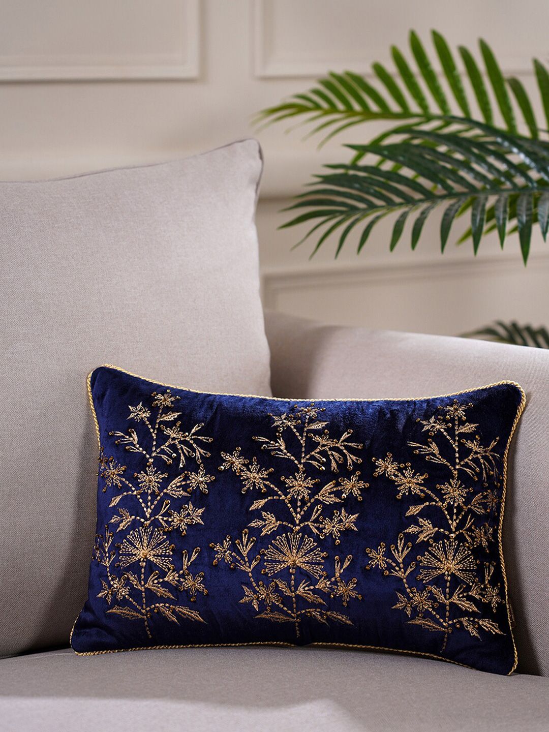 Pure Home and Living Blue & Gold Floral Embroidered Velvet Rectangle Cushion Cover Price in India