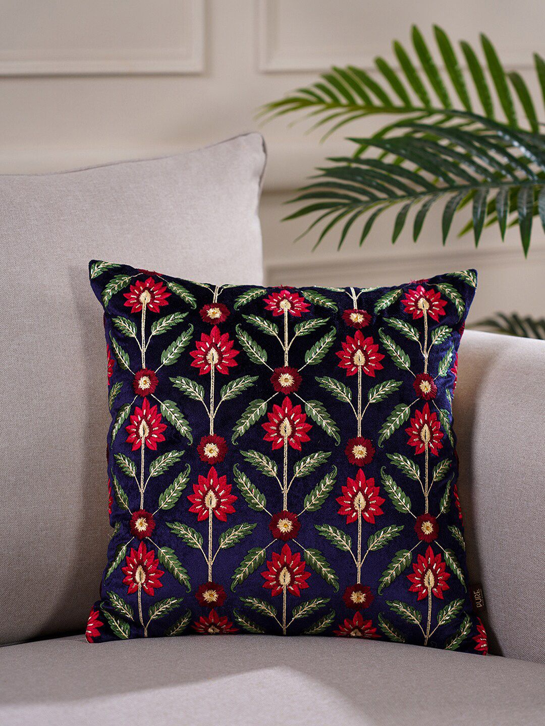 Pure Home and Living Blue & Green Floral Embroidered Cotton Square Cushion Cover Price in India