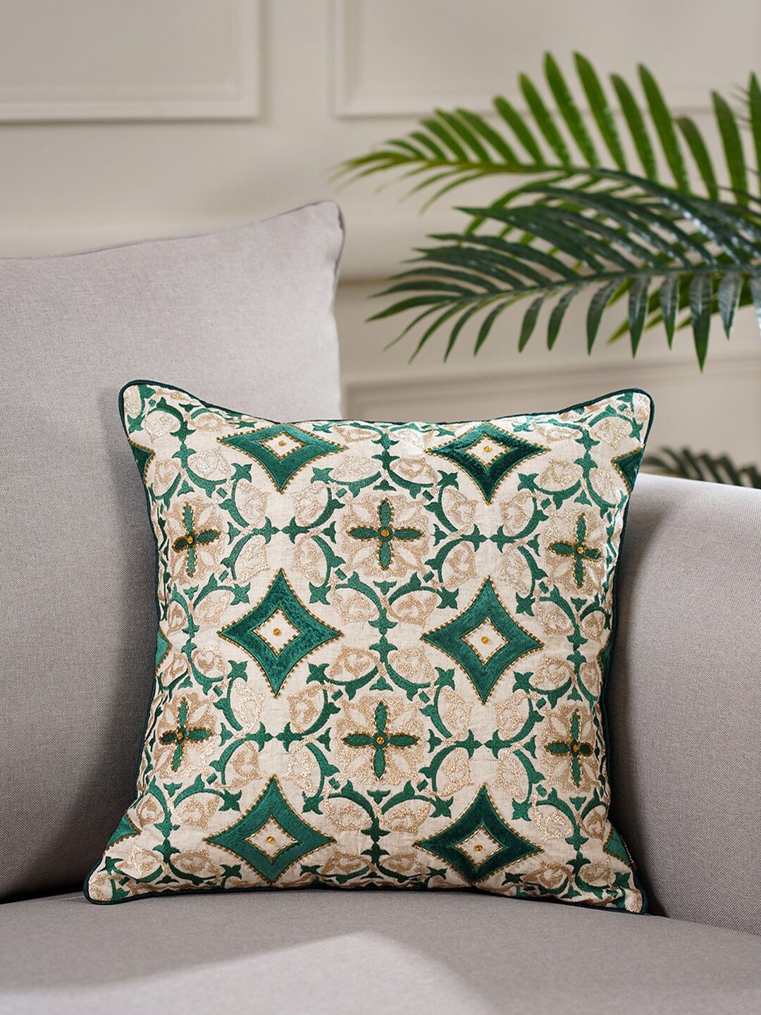 Pure Home and Living Green & Cream Floral Embroidered Cotton Square Cushion Cover Price in India