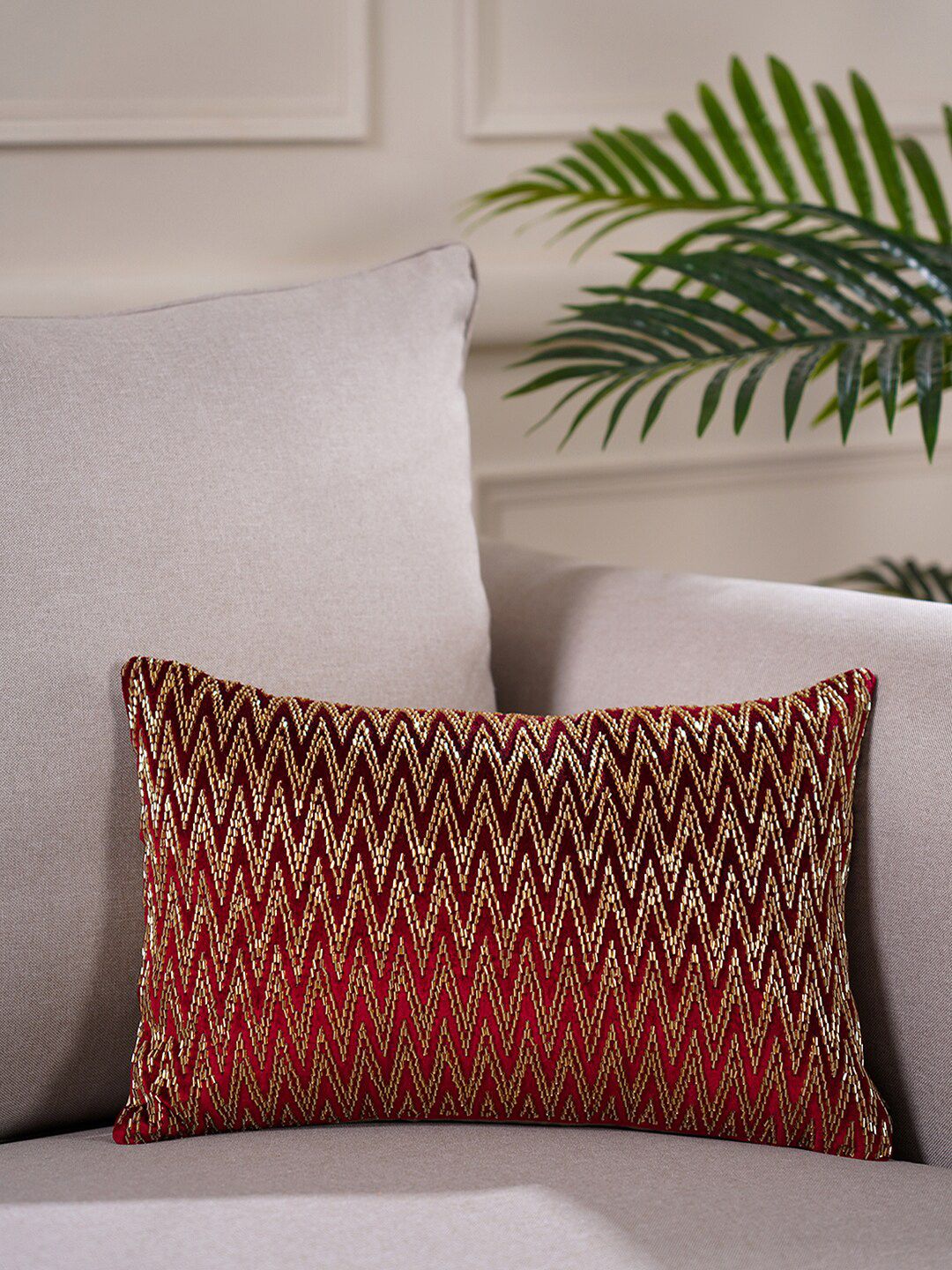 Pure Home and Living Red & Gold Embellished Rectangle Cushion Cover Price in India