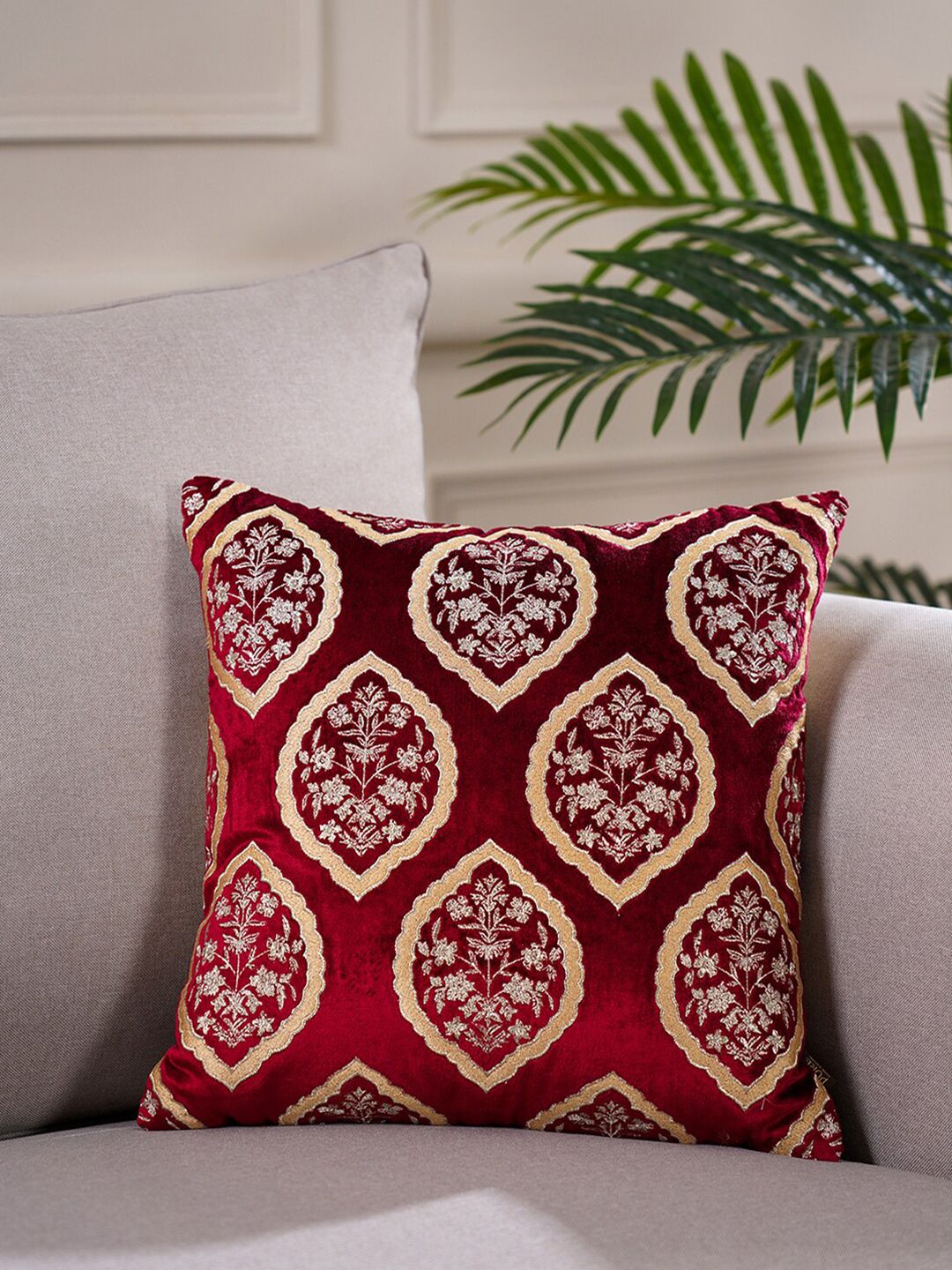 Pure Home and Living Red & Cream Floral Embroidered Square Cushion Cover Price in India