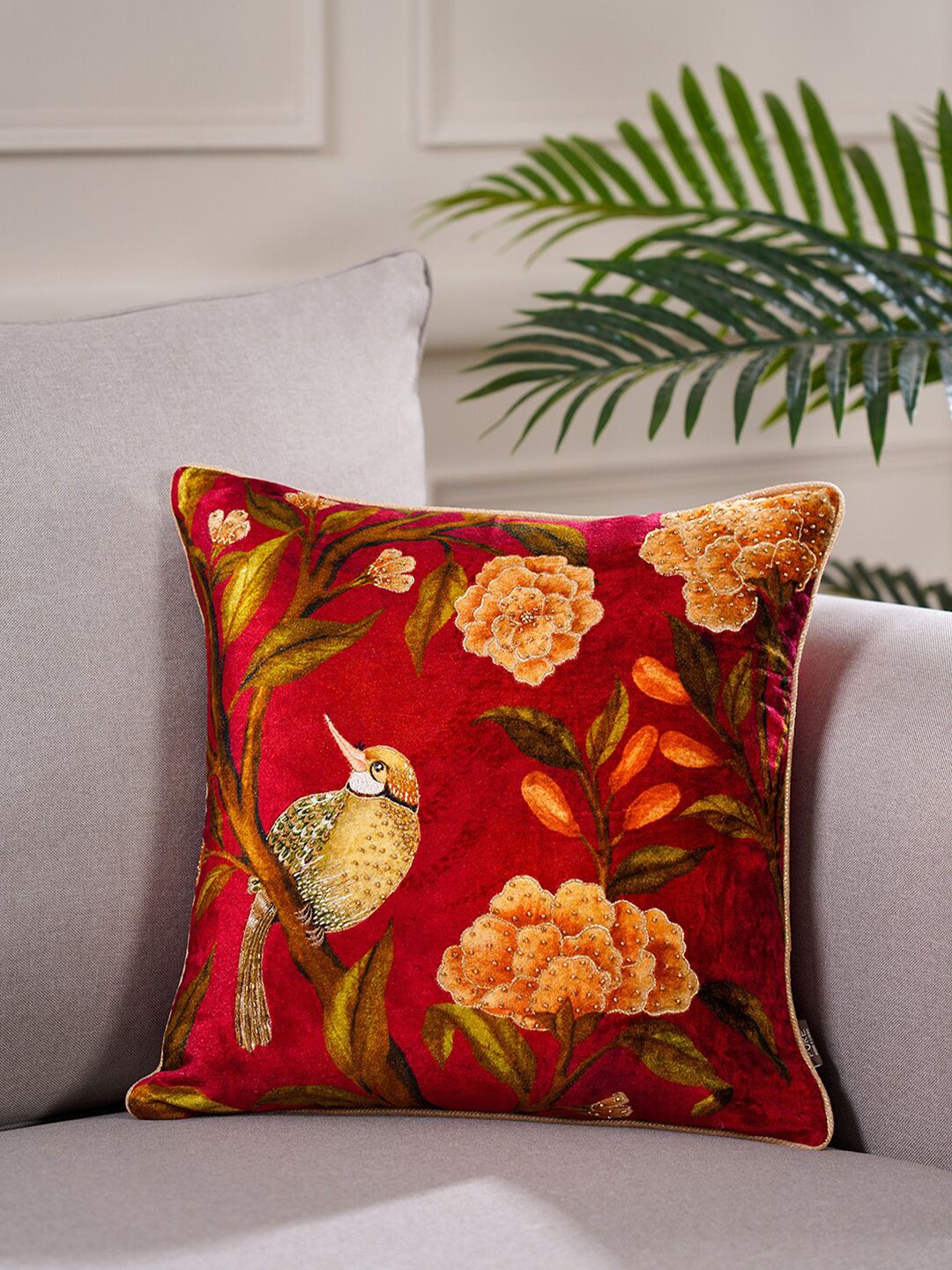 Pure Home and Living Red & Orange Abstract Embellished Square Cushion Cover Price in India