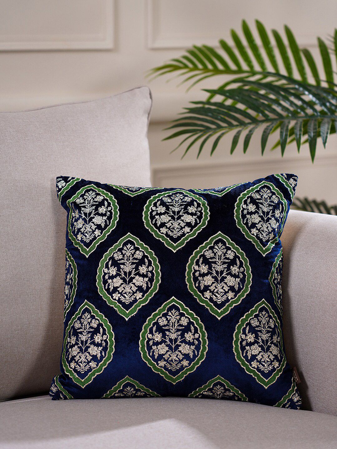 Pure Home and Living Blue & Green Floral Velvet Square Cushion Cover Price in India