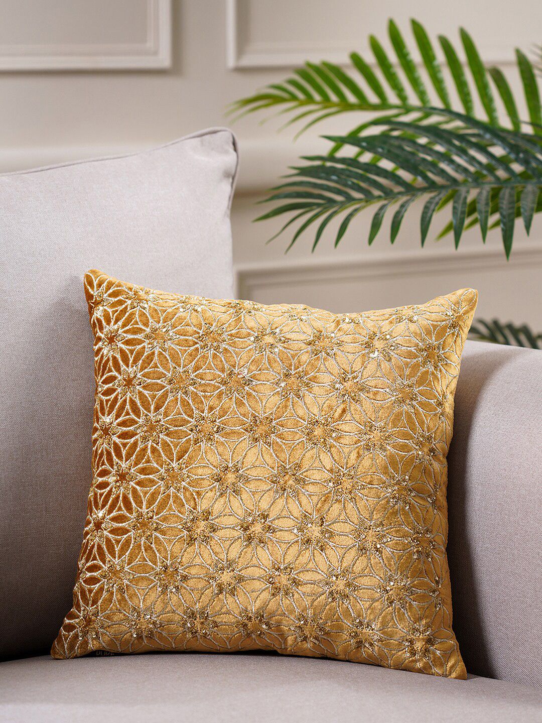 Pure Home and Living Gold Floral Velvet Square Cushion Cover Price in India