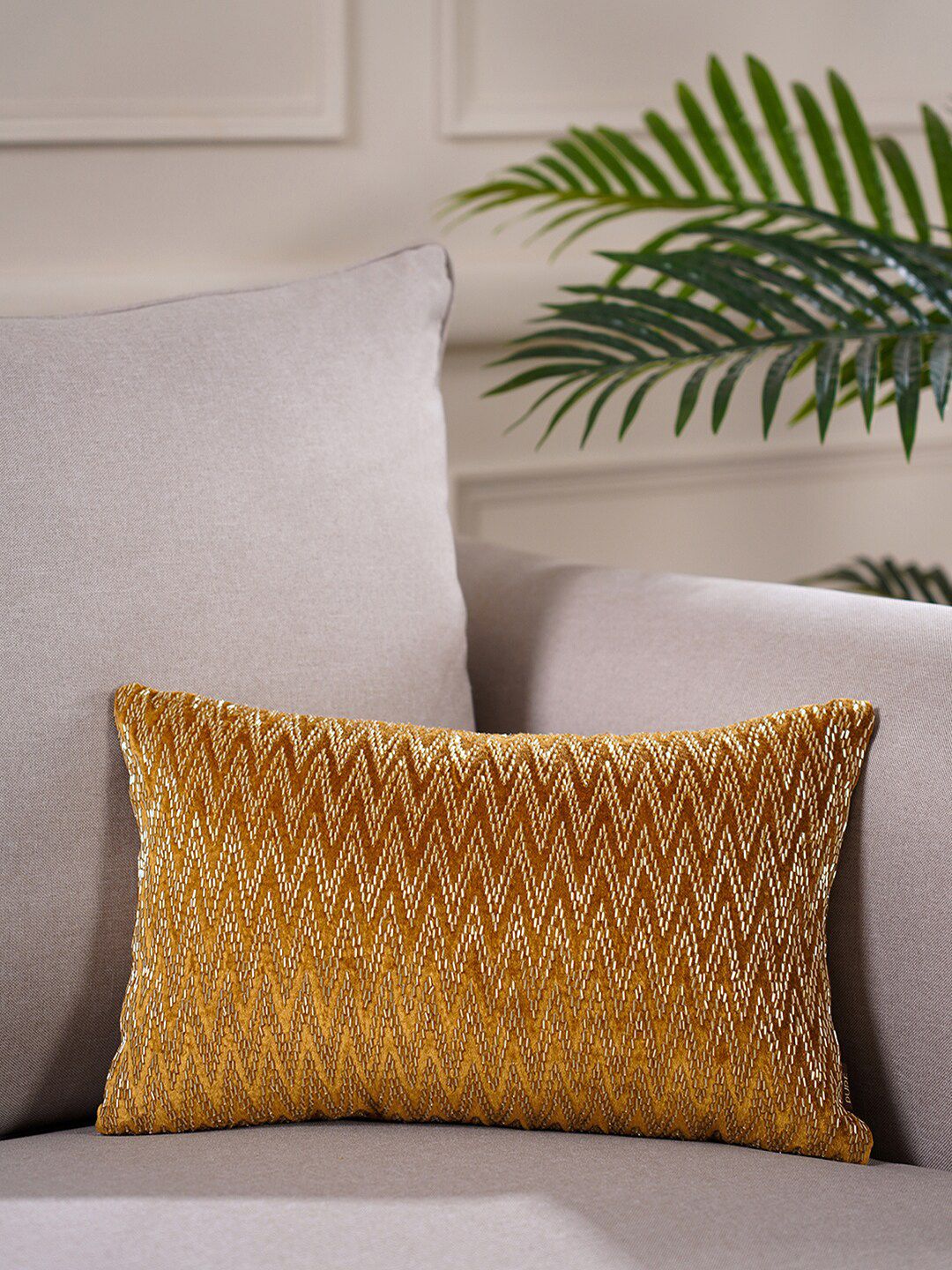 Pure Home and Living Gold Embellished Velvet Rectangle Cushion Cover Price in India