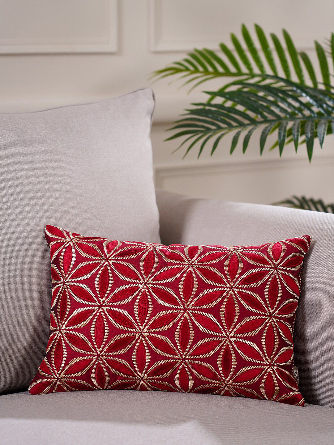 Pure Home and Living Red & Gold Floral Polyester Rectangle Cushion Cover Price in India
