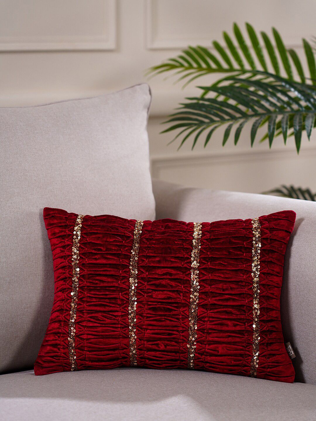 Pure Home and Living Red & Gold Self Design Cotton Rectangle Cushion Cover Price in India