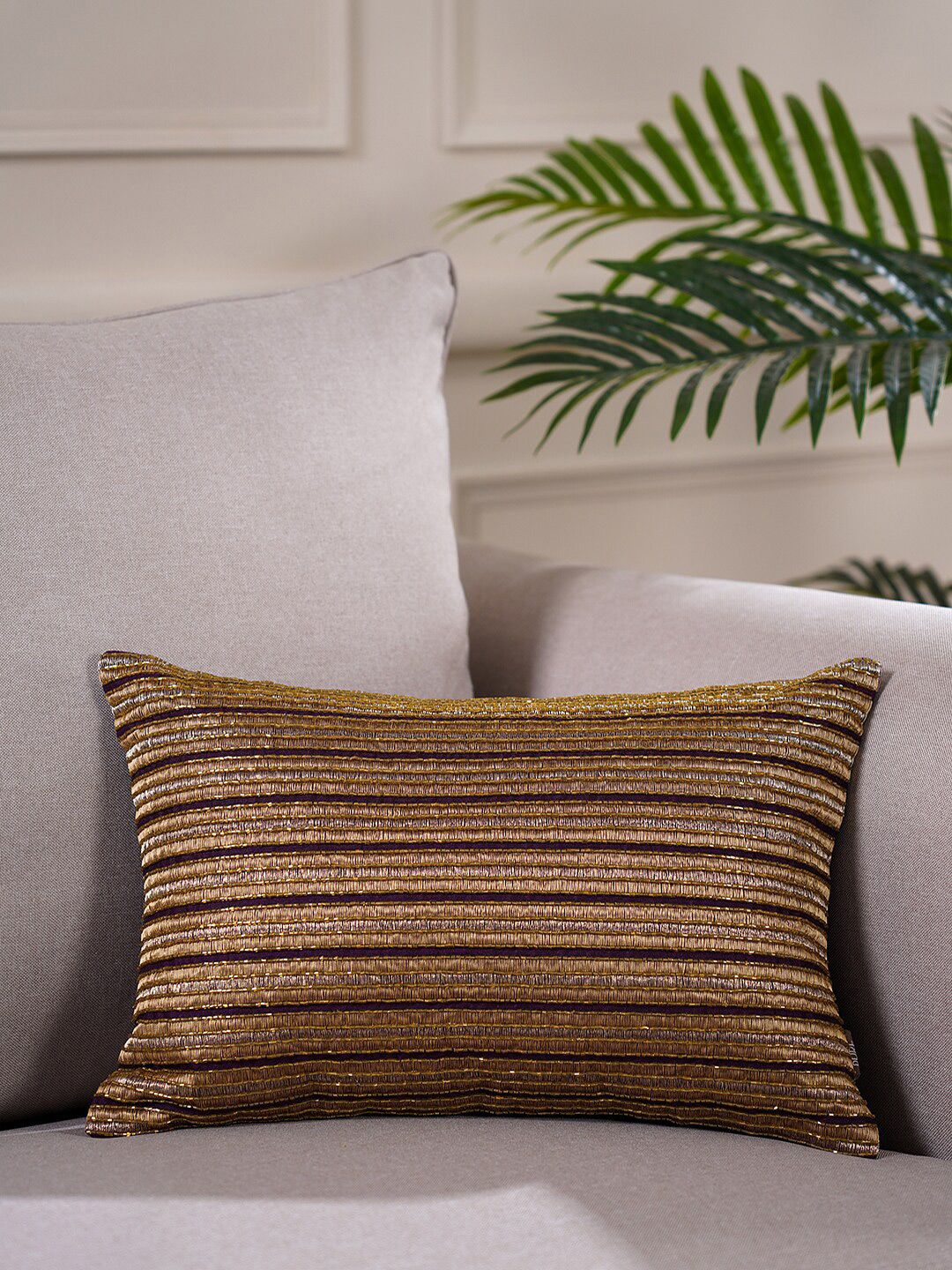 Pure Home and Living Purple & Gold Striped Embellished Polyester Rectangle Cushion Cover Price in India