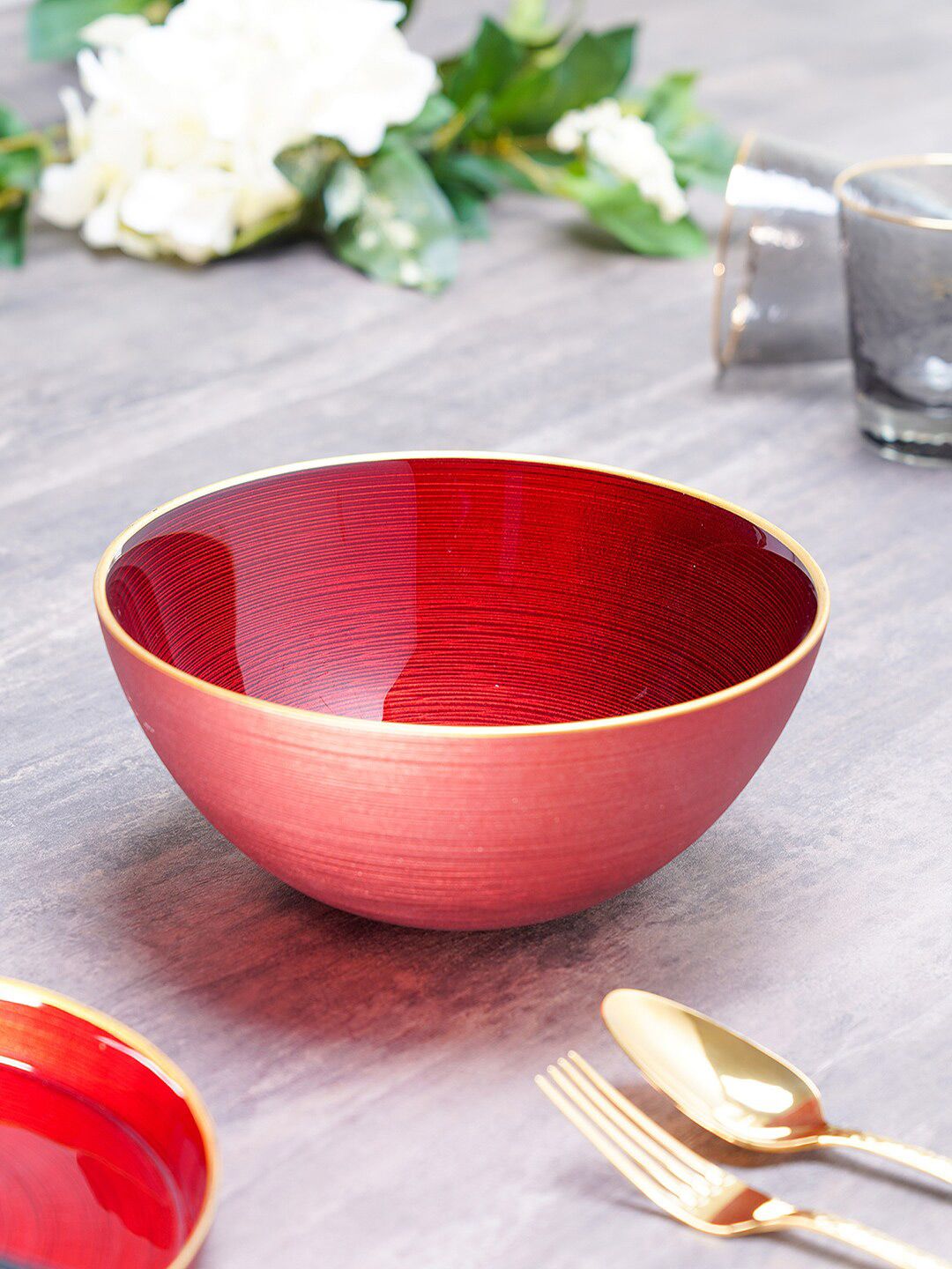 Pure Home and Living Red & Gold-Toned Printed Glass Glossy Bowl Price in India