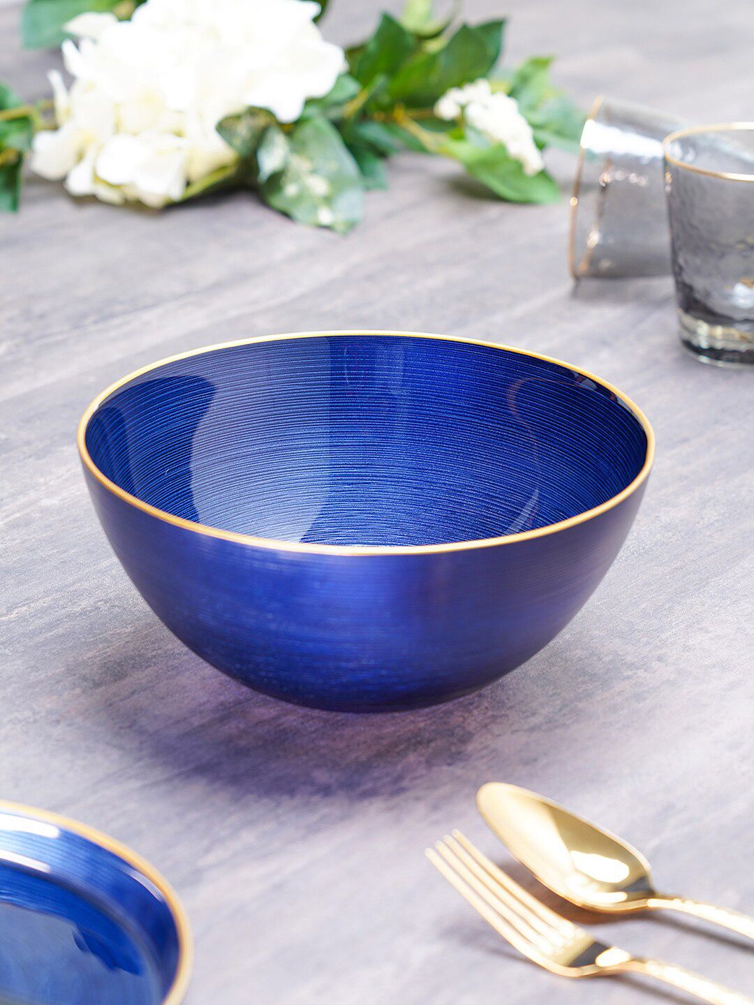 Pure Home and Living Blue & Gold-Toned Solid Glass Glossy Bowl Price in India