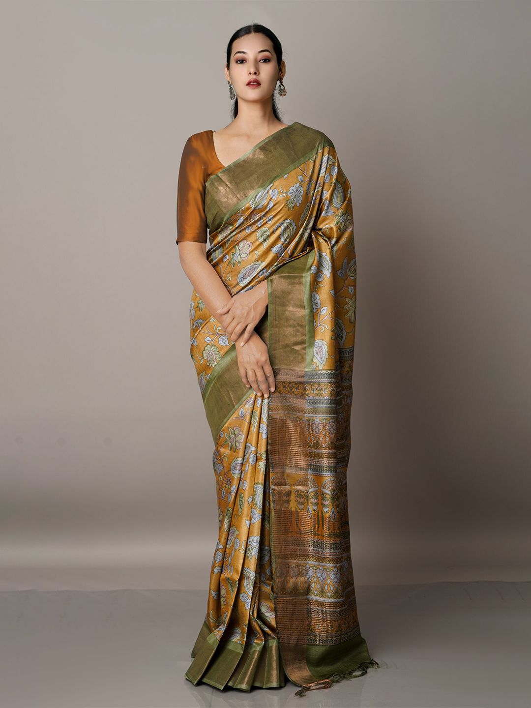 Unnati Silks Yellow & Brown Ethnic Motifs Pure Silk Tussar Saree Price in India