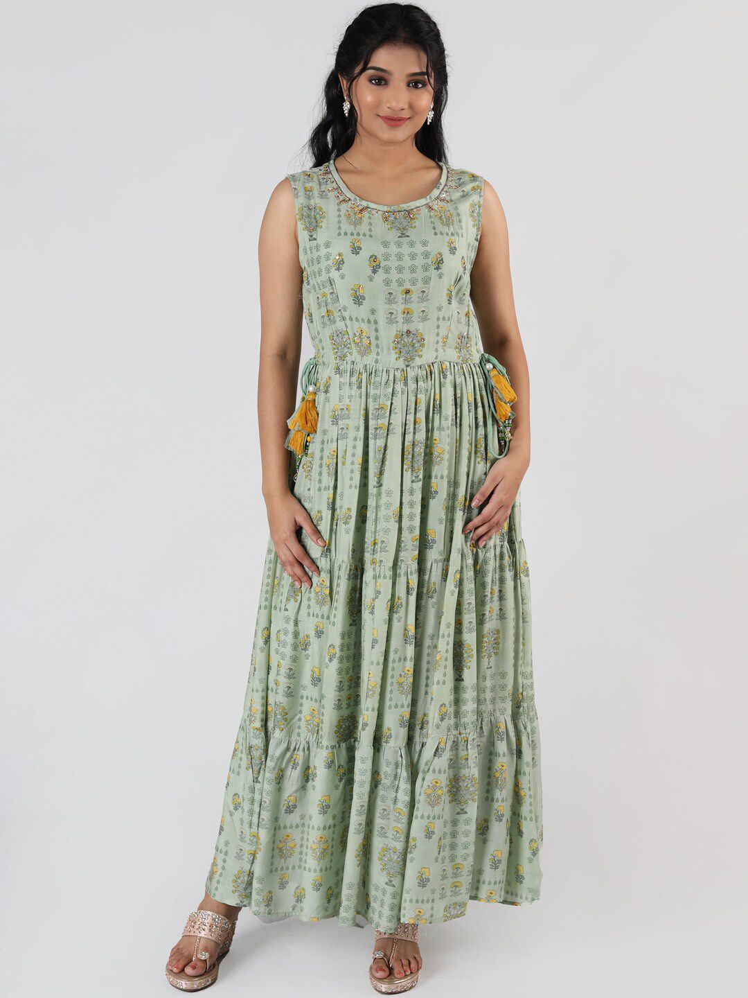 taruni Women Green Printed Embroidered Maxi Ethnic Dress Price in India