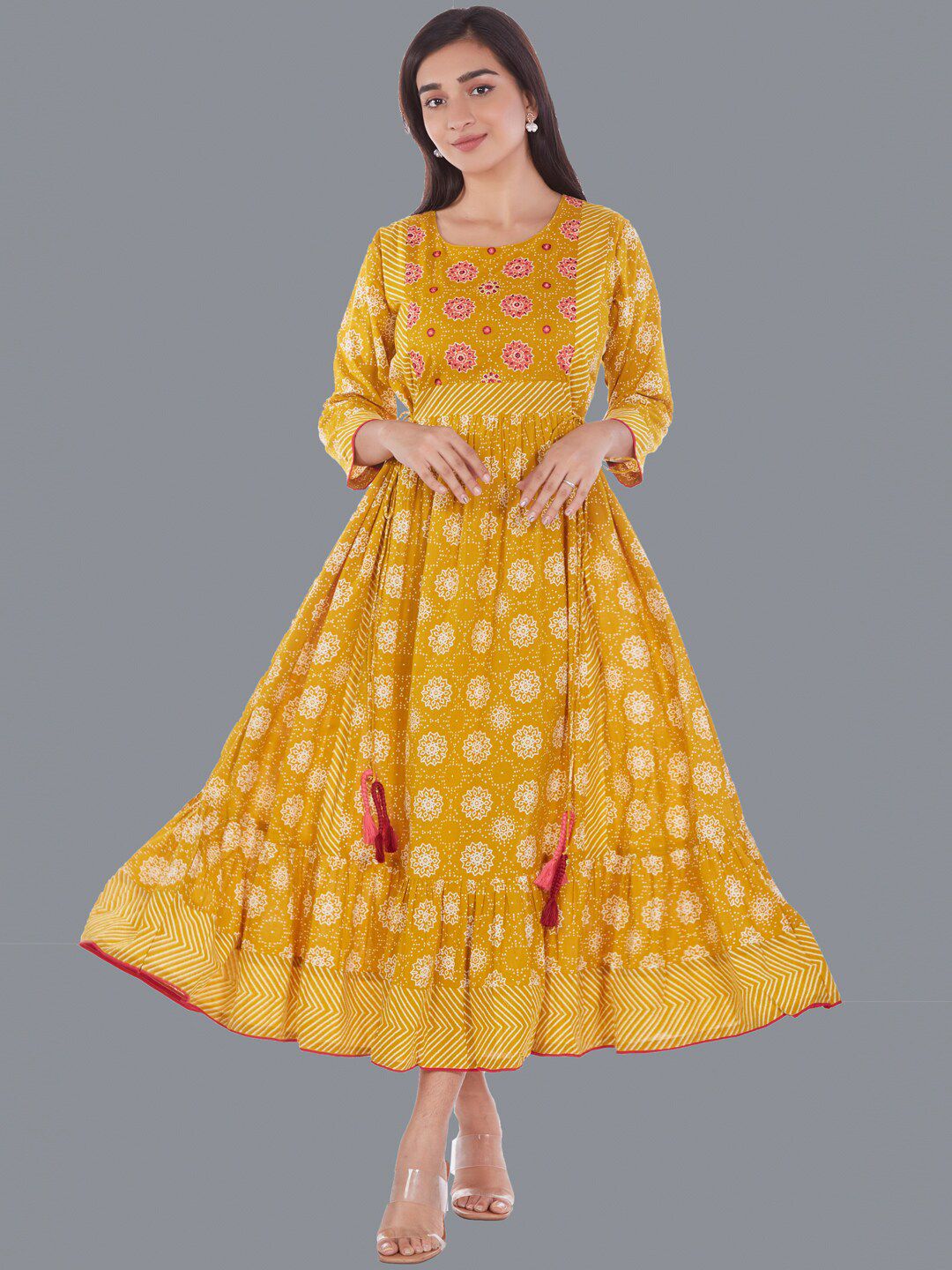 taruni Women Mustard Yellow Printed Maxi Ethnic Dress Price in India