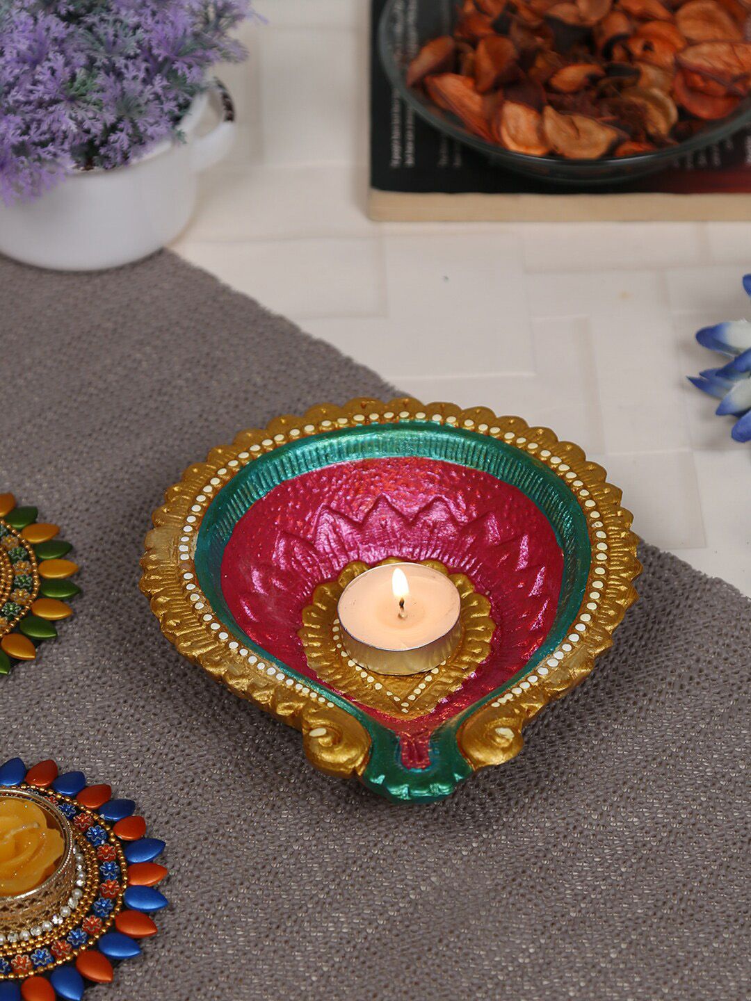 Aapno Rajasthan Red & Green Colored Textured  Diyas Pooja Essentials Price in India