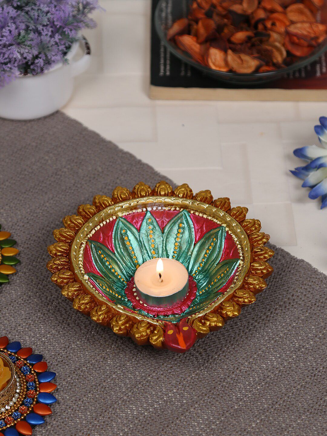 Aapno Rajasthan Gold-Coloured & Pink Floral Diya Price in India