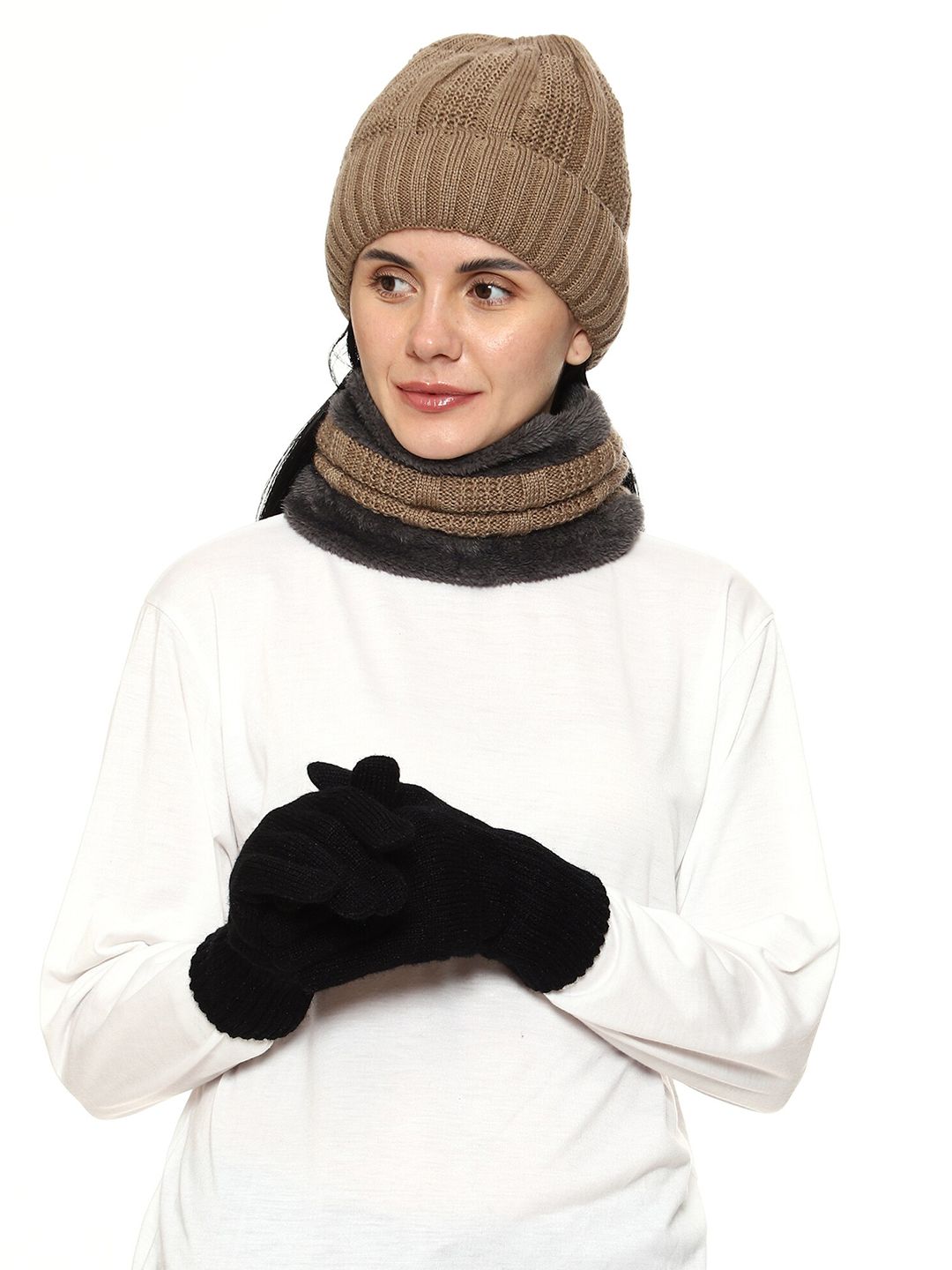Hat Scarf Gloves Sets - beige-three Pieces