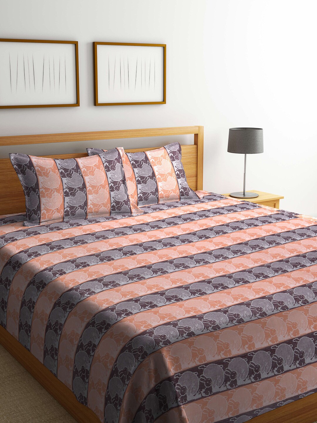 KLOTTHE Grey & Peach Woven Design Pure Cotton Double King Size Bed Covers Price in India