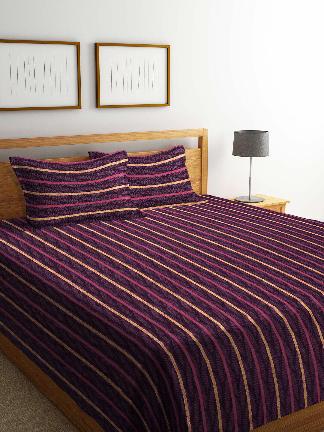 KLOTTHE Burgundy & Beige Striped Pure Cotton Double King Bed Cover With 2 Pillow Covers Price in India