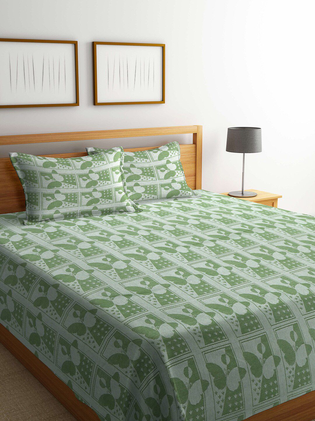 KLOTTHE Green Woven Design Cotton Double King Bed Cover With 2 Pillow Covers Price in India