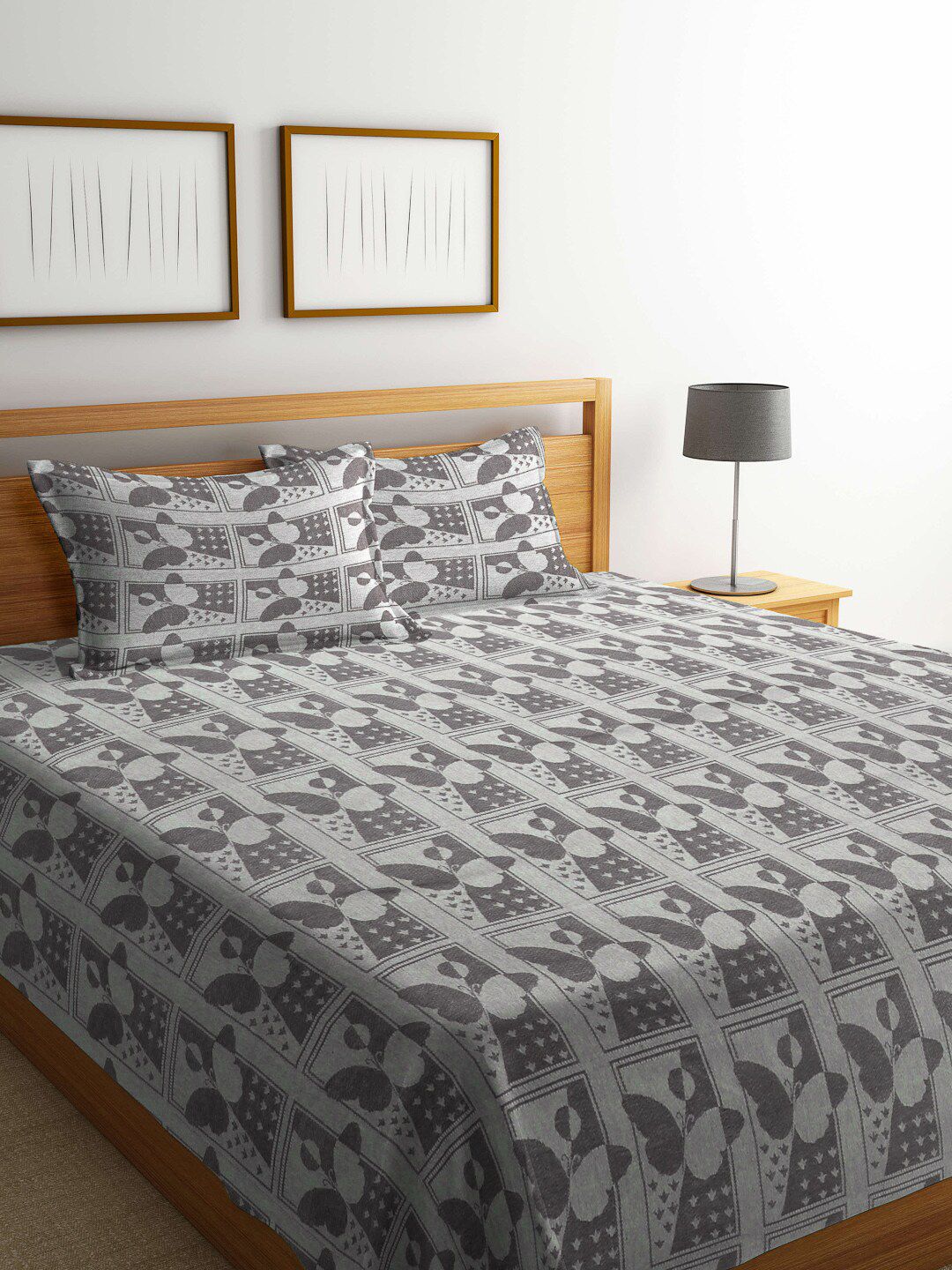 KLOTTHE Brown & Grey Woven Design Cotton Double Bed Cover with 2 Pillow Covers Price in India