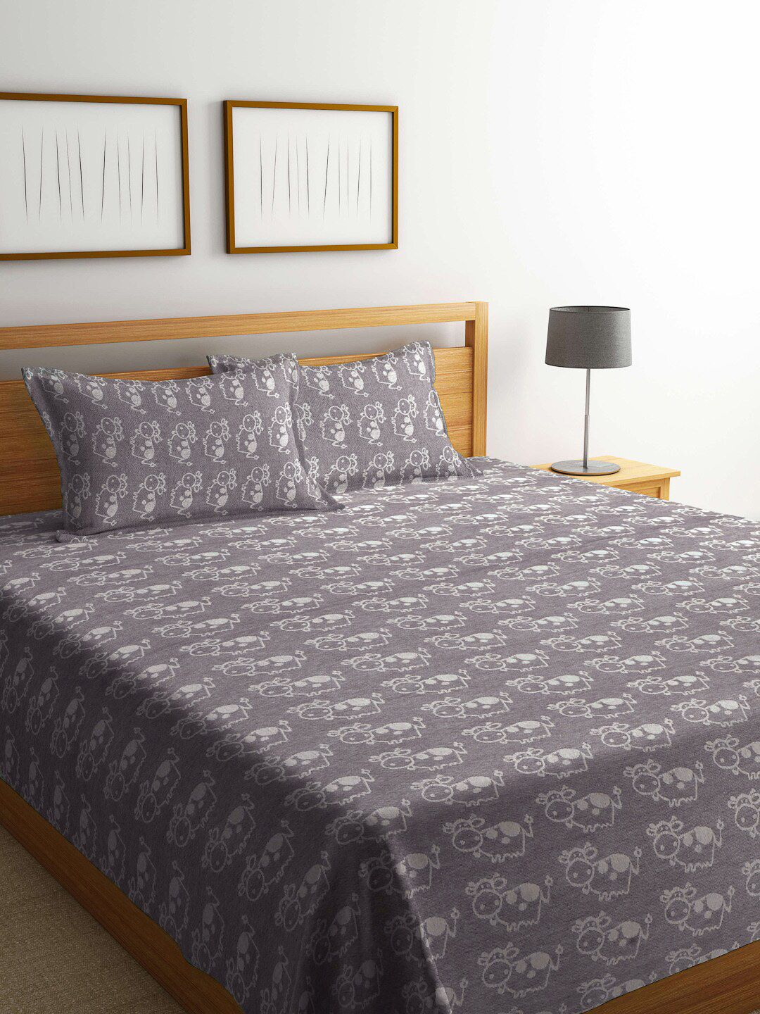 KLOTTHE Brown & Grey  Woven Design Cotton Double Bed Cover with 2 Pillow Covers Price in India