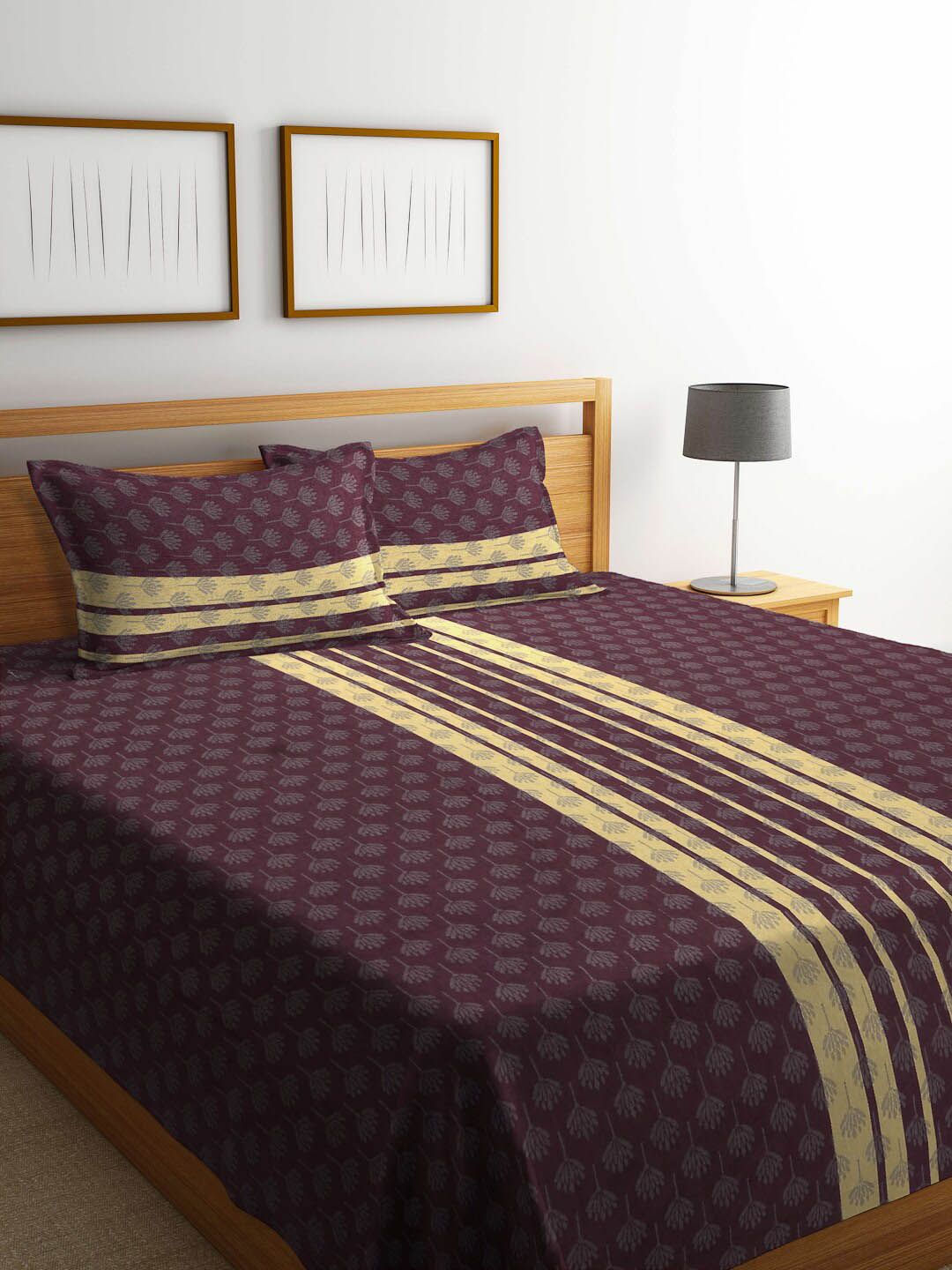 KLOTTHE Maroon & Yellow Woven-Design Cotton Double King Bed Cover With Pillow Covers Price in India
