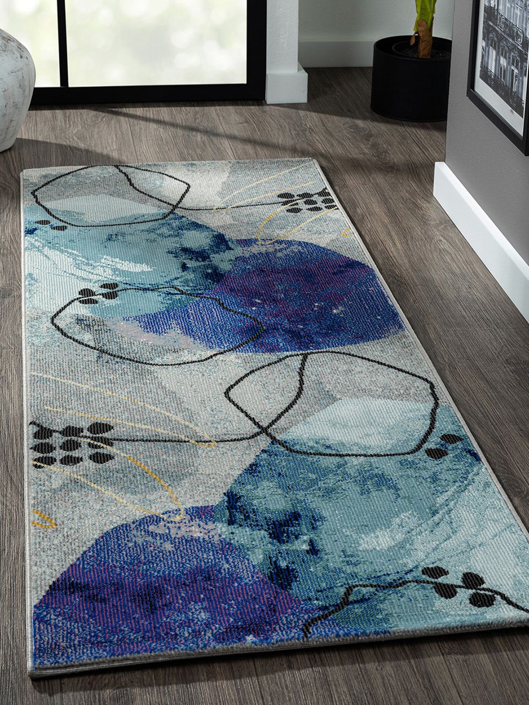 OBSESSIONS Blue & Grey Abstract Anti-Static Bedside Rectangular Runner Price in India