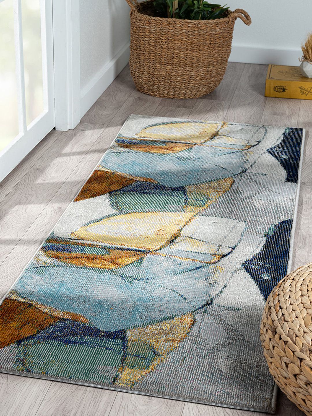 OBSESSIONS Blue & Brown Abstract Floor Runner Price in India