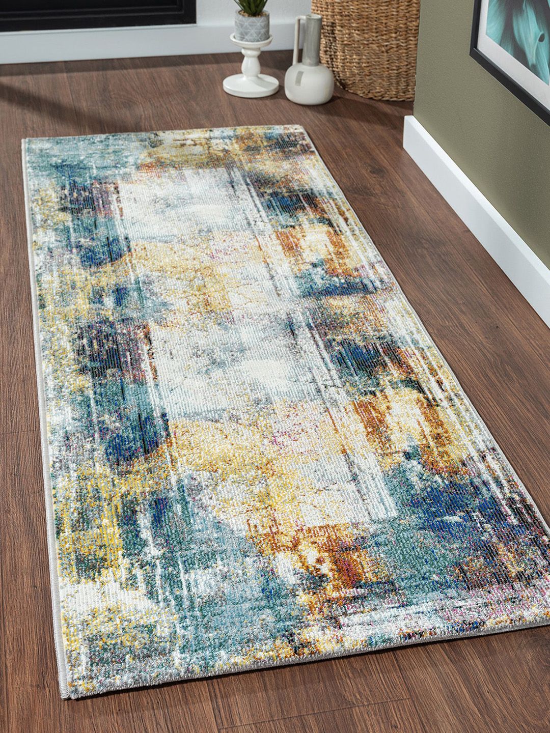 OBSESSIONS Blue & White Abstract Floor Runners Price in India