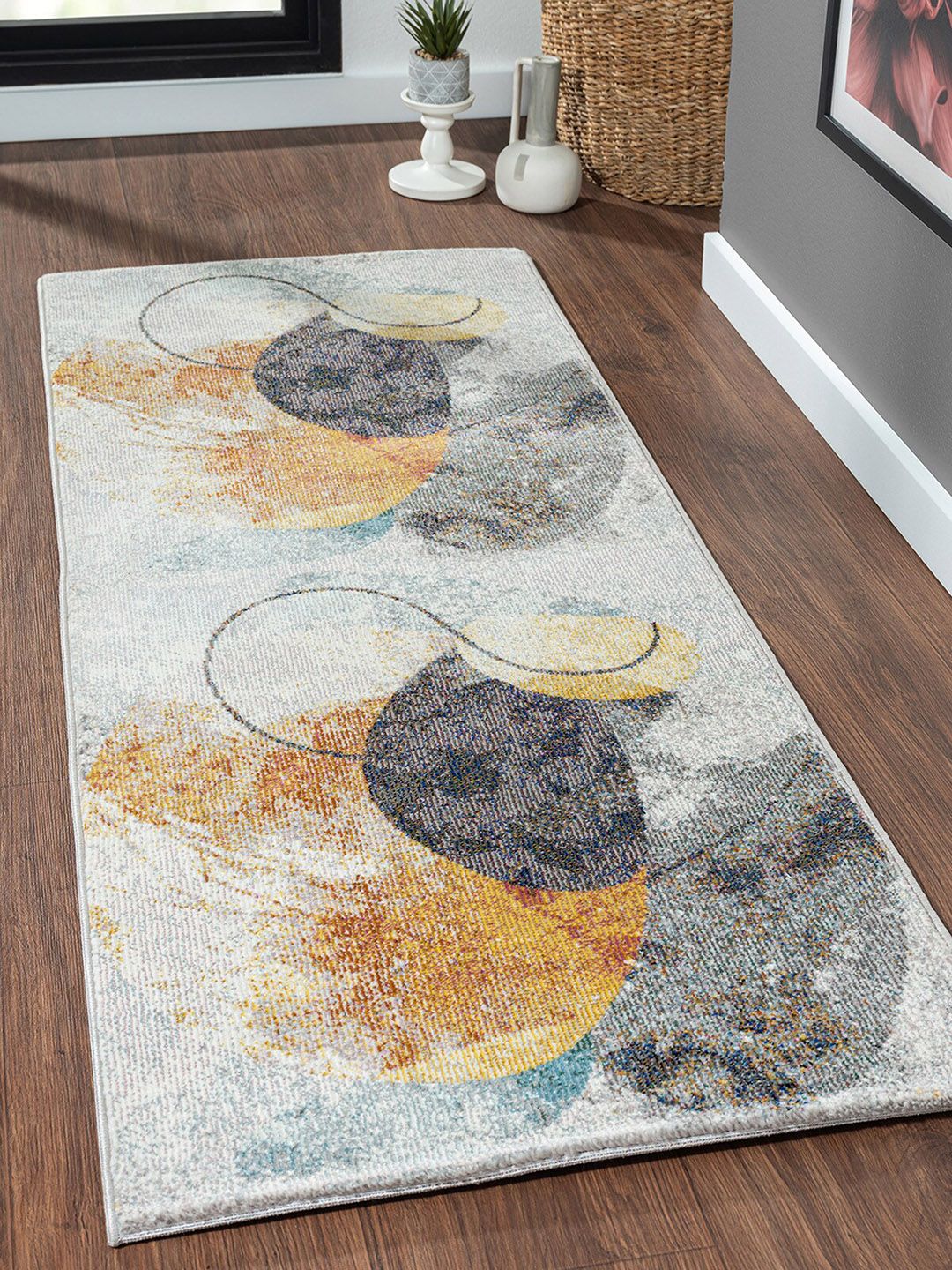 OBSESSIONS Orange & Grey Abstract Anti Static Floor Runners Price in India