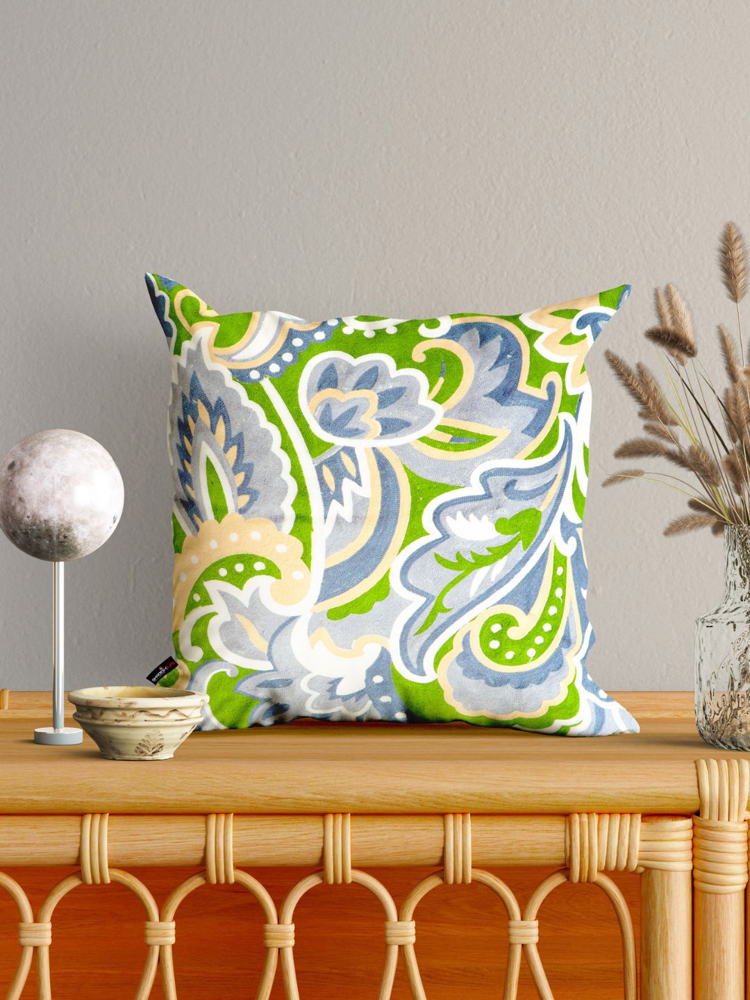 SHADES of LIFE White & Green Embroidered Square Cotton Cushion Cover Price in India