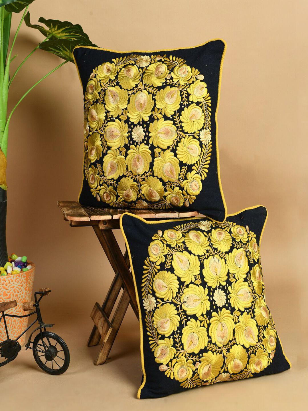 SHADES of LIFE Navy Blue & Yellow Set of 2 Embroidered Square Cushion Covers Price in India