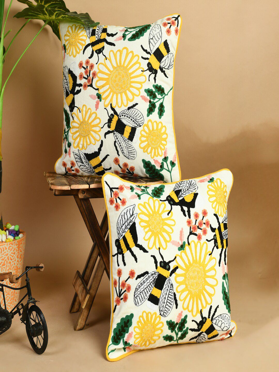 SHADES of LIFE Cream-Coloured & Yellow Set of 2 Embroidered Square Cotton Cushion Covers Price in India