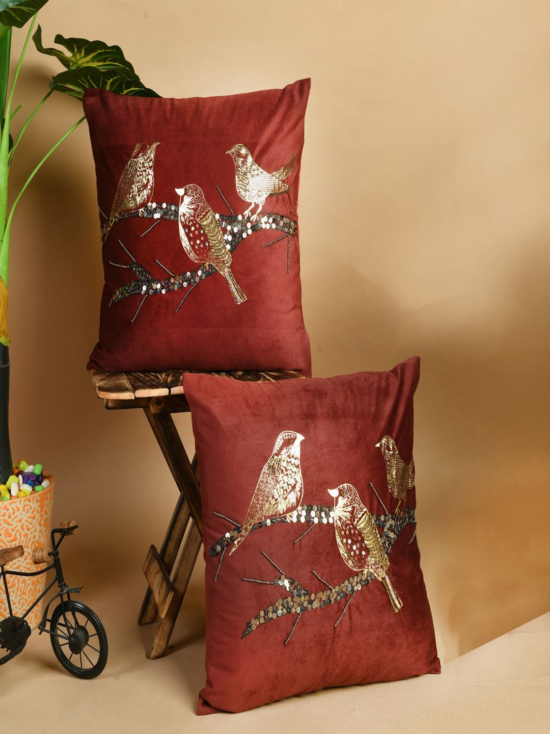 SHADES of LIFE Maroon & Gold-Toned Set of 2 Embellished Velvet Rectangle Cushion Covers Price in India