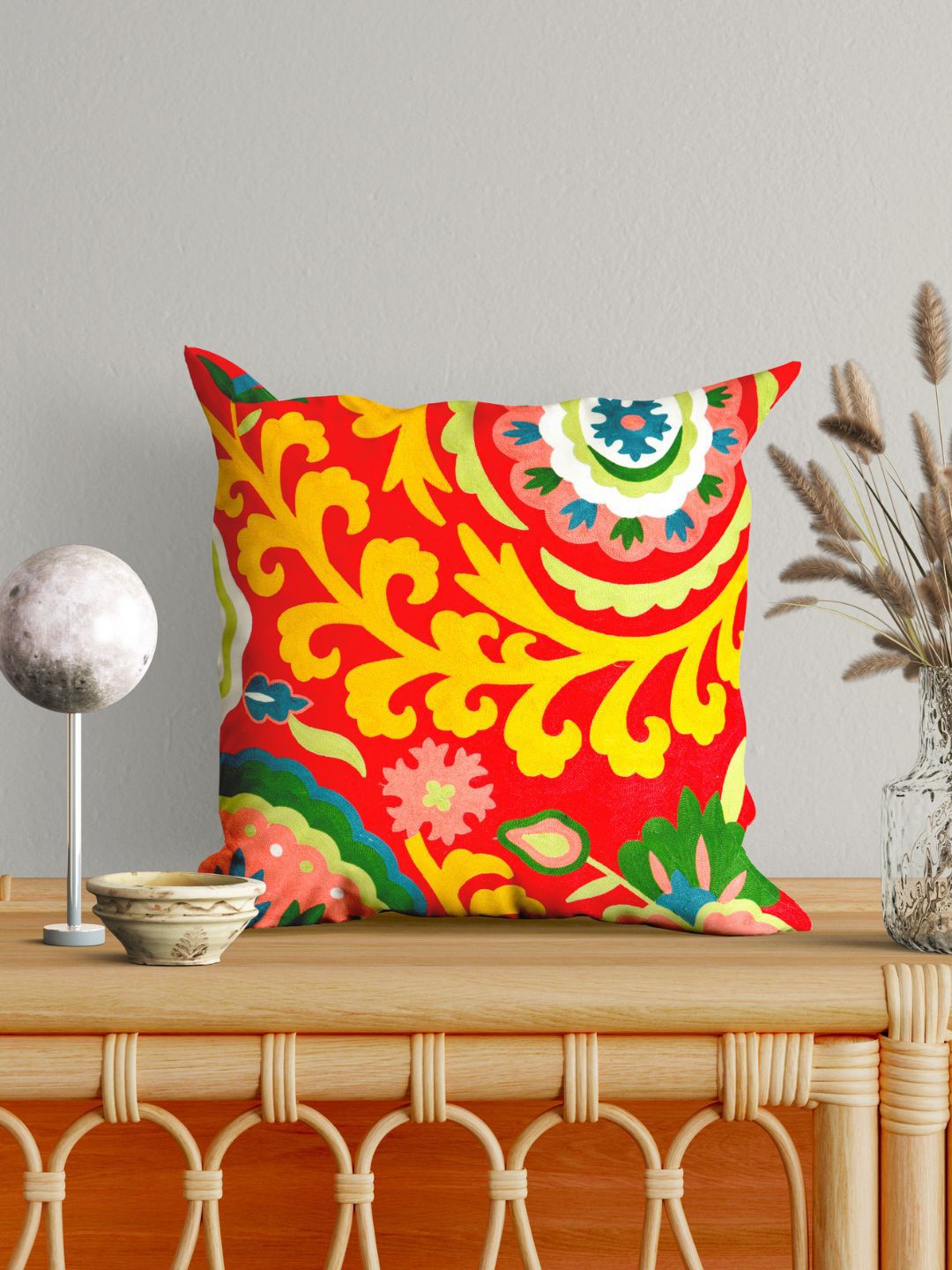 SHADES of LIFE Red & Yellow Embroidered Square Cushion Cover Price in India