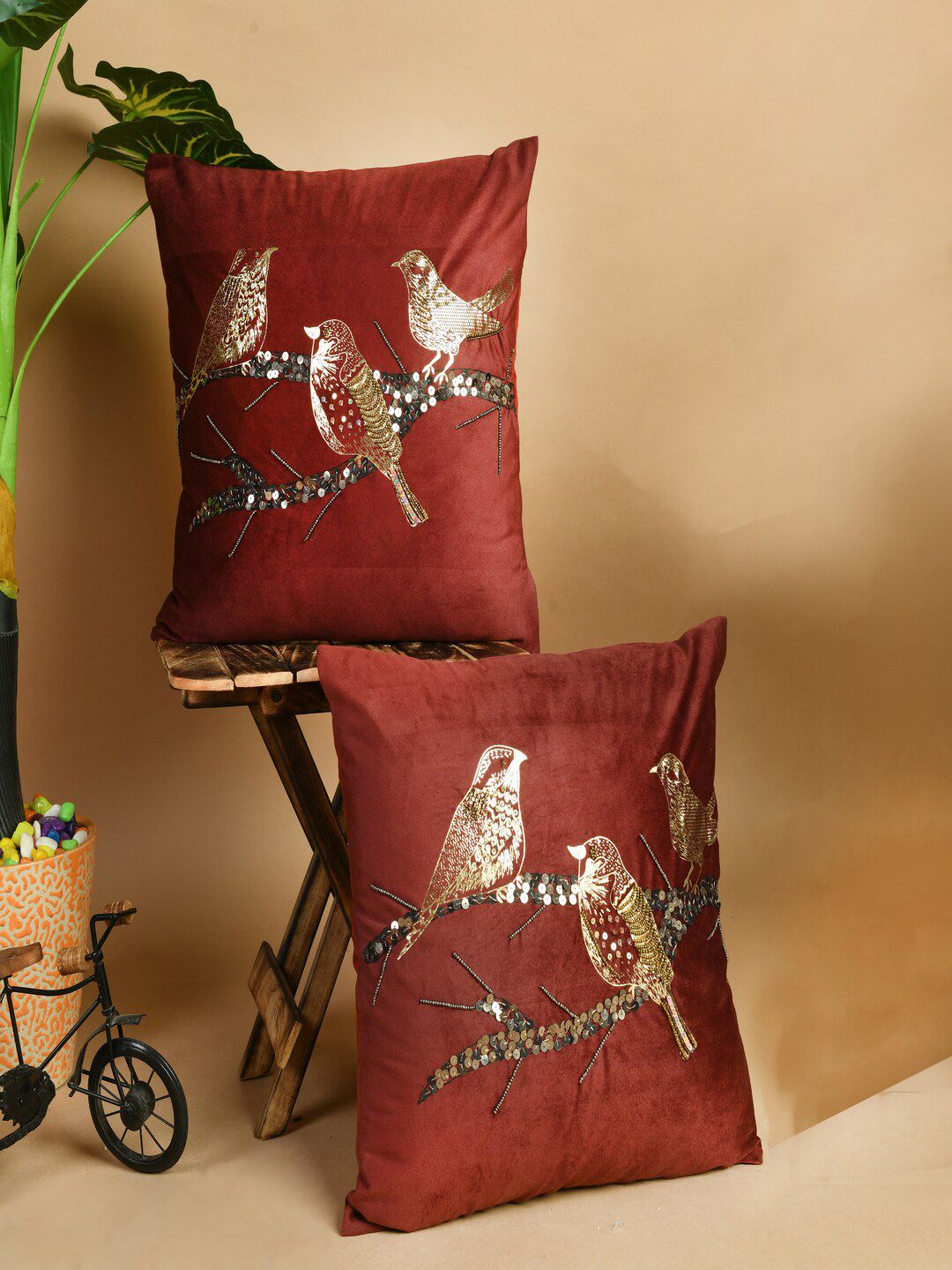 SHADES of LIFE Red & Gold-Toned Set of 2 Embroidered Square Cushion Covers Price in India