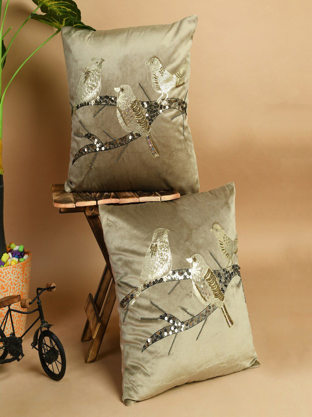 SHADES of LIFE Beige Set of 2 Embroidered Velvet Square Cushion Covers Price in India