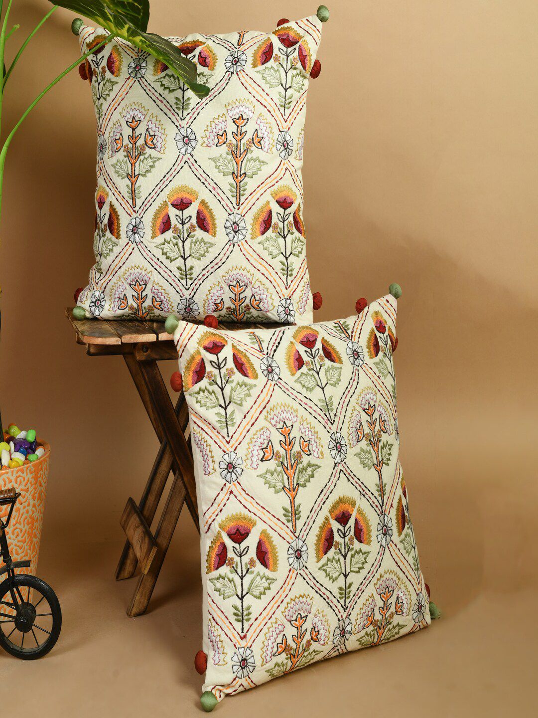 SHADES of LIFE Cream-Coloured & Green Set of 2 Embroidered Square Cushion Covers Price in India