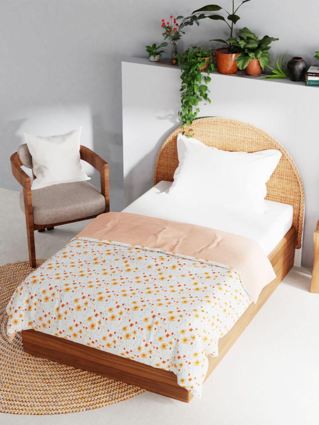 BIANCA White & Orange Floral AC Room 150 GSM Reversible Single Bed Dohar Price in India