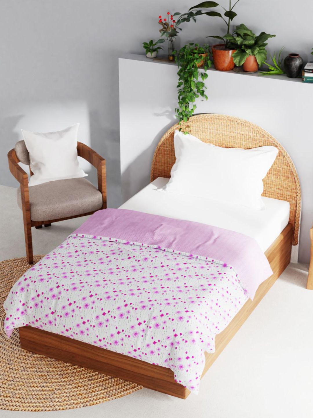 BIANCA White & Pink Floral AC Room 150 GSM Reversible Muslin Cotton Single Bed Dohar Price in India