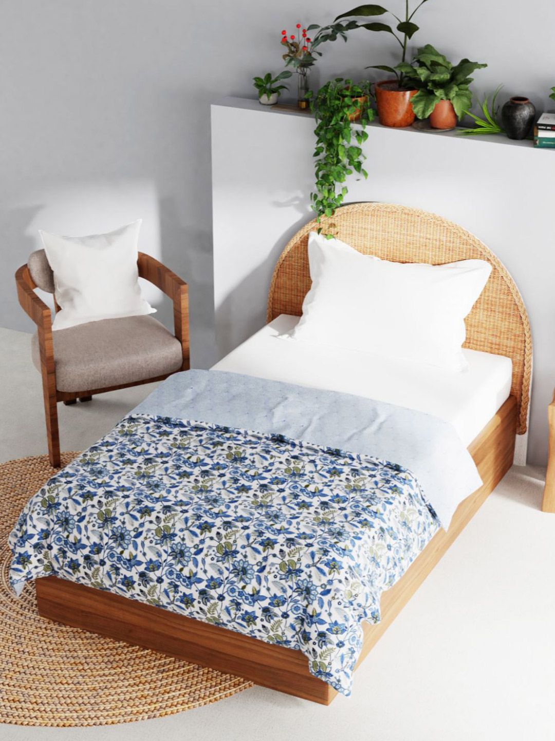 BIANCA Blue & Off White Floral AC Room 150 GSM Cotton Single Bed Dohar Price in India