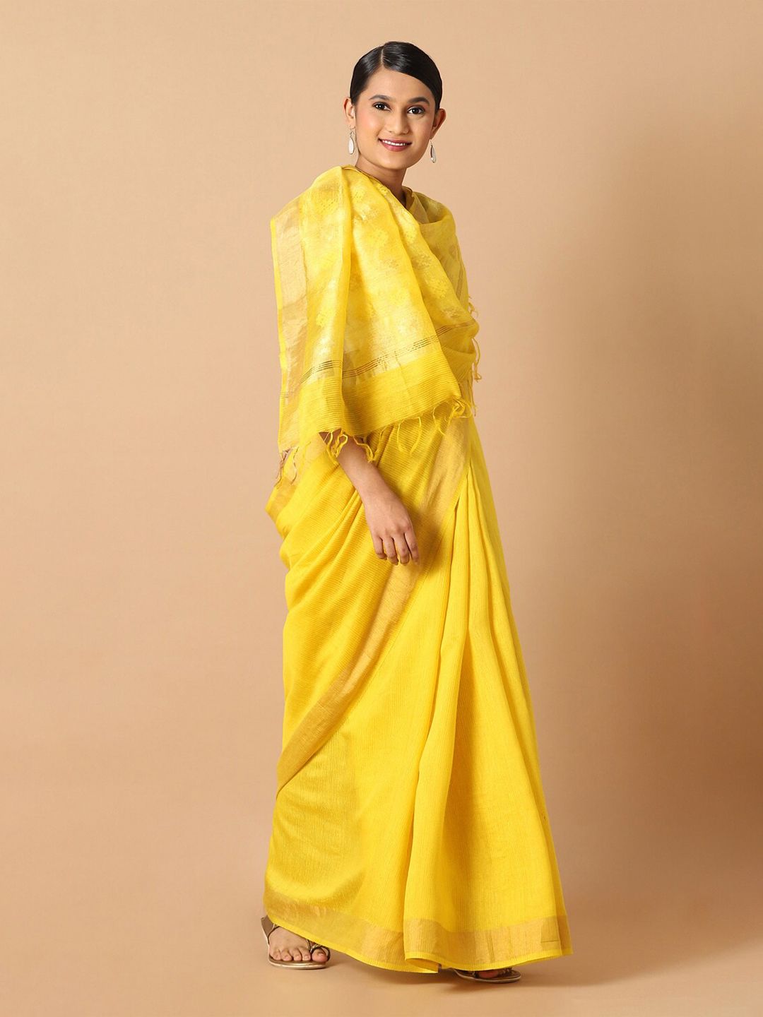 Taneira Yellow And Gold Toned Solid Zari Pure Silk Bhagalpuri Saree Price in India