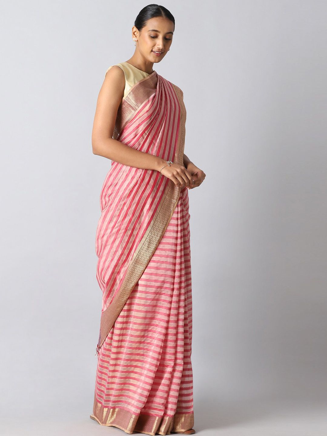 Taneira Pink & White Striped Zari Silk Cotton Maheshwari Saree Price in India