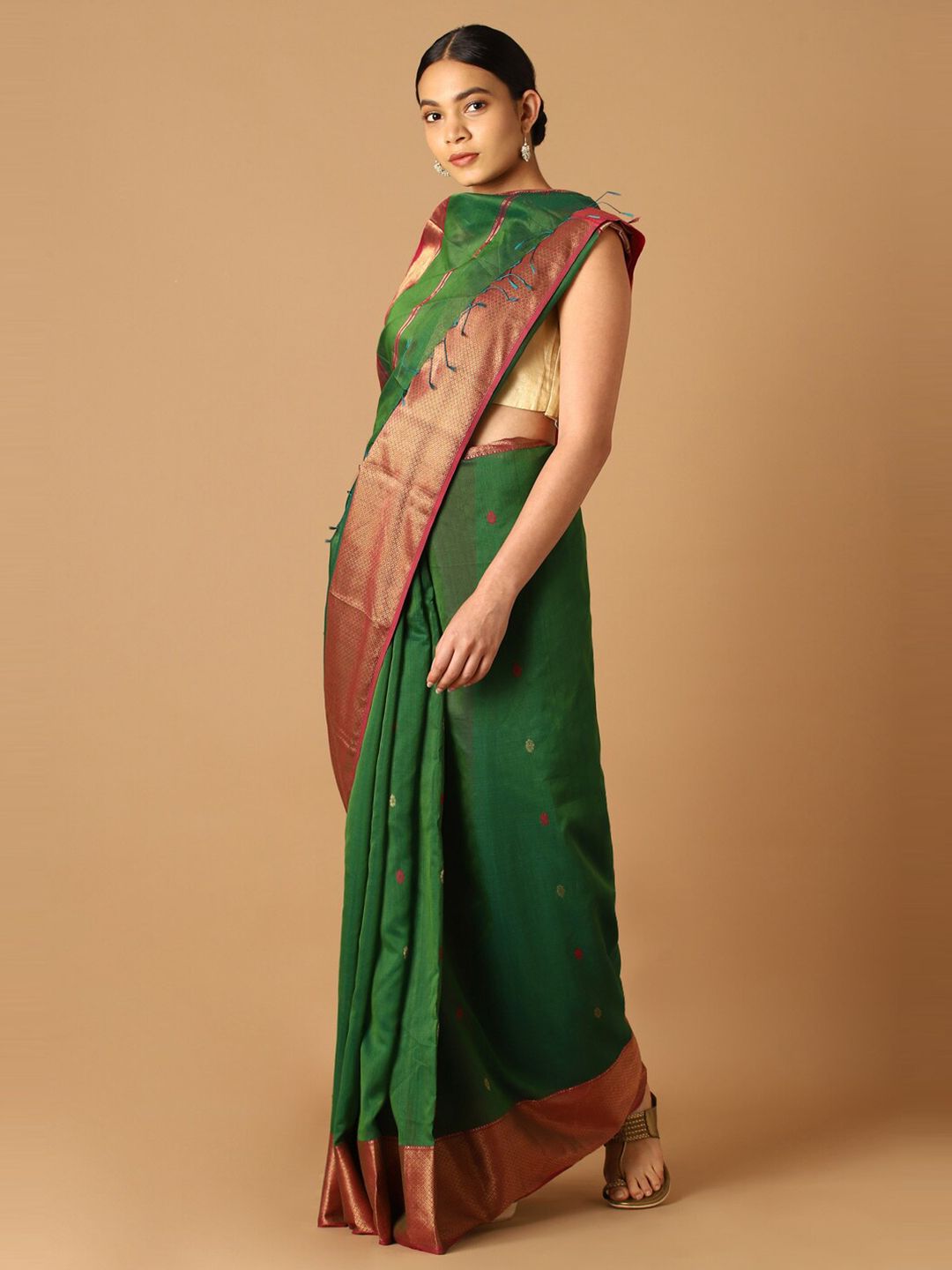 Taneira Green & Pink Zari Silk Cotton Maheshwari Saree Price in India