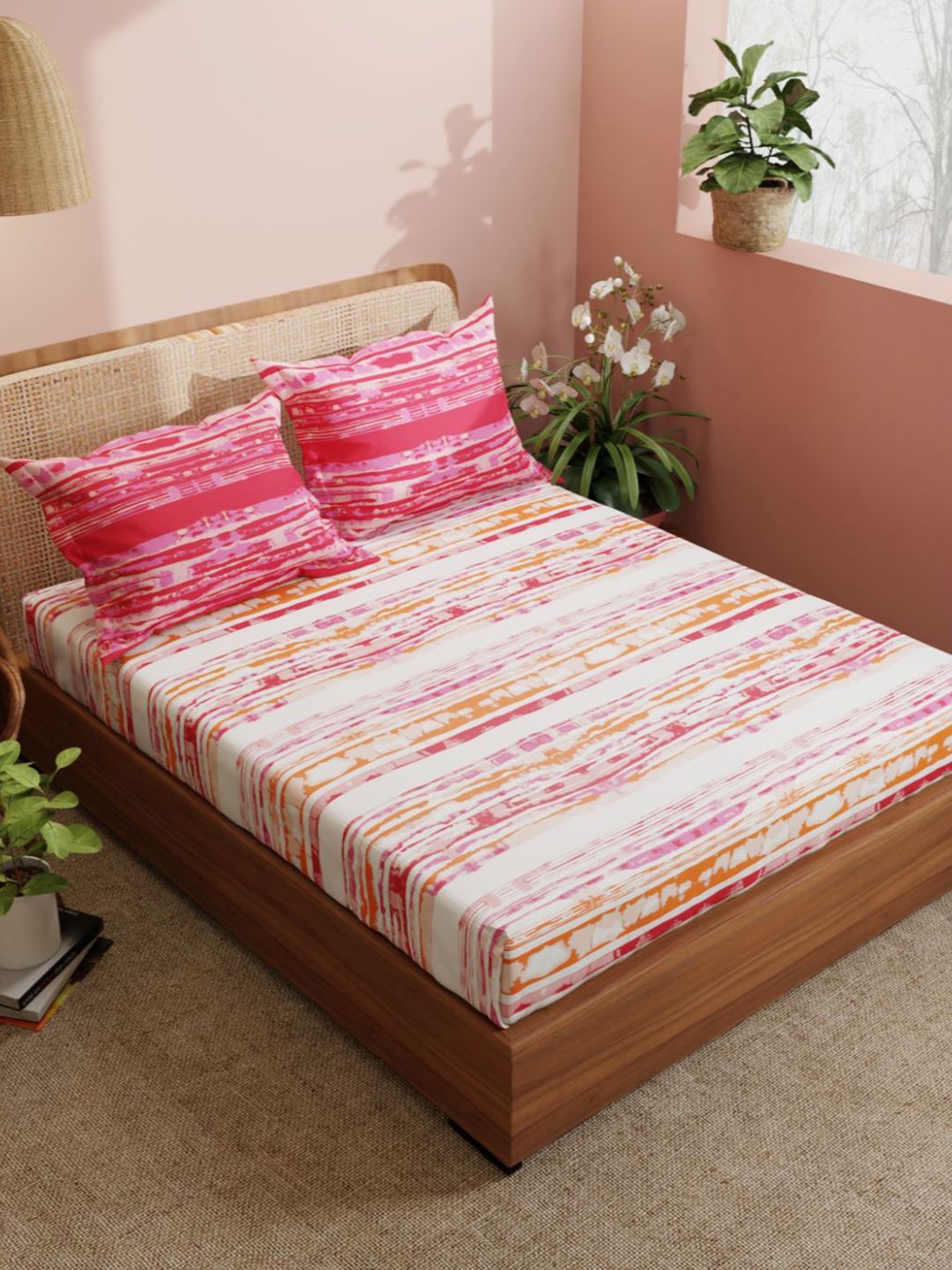BIANCA Pink & Off White Striped 210 TC Pure Cotton King Bedsheet with 2 Pillow Covers Price in India