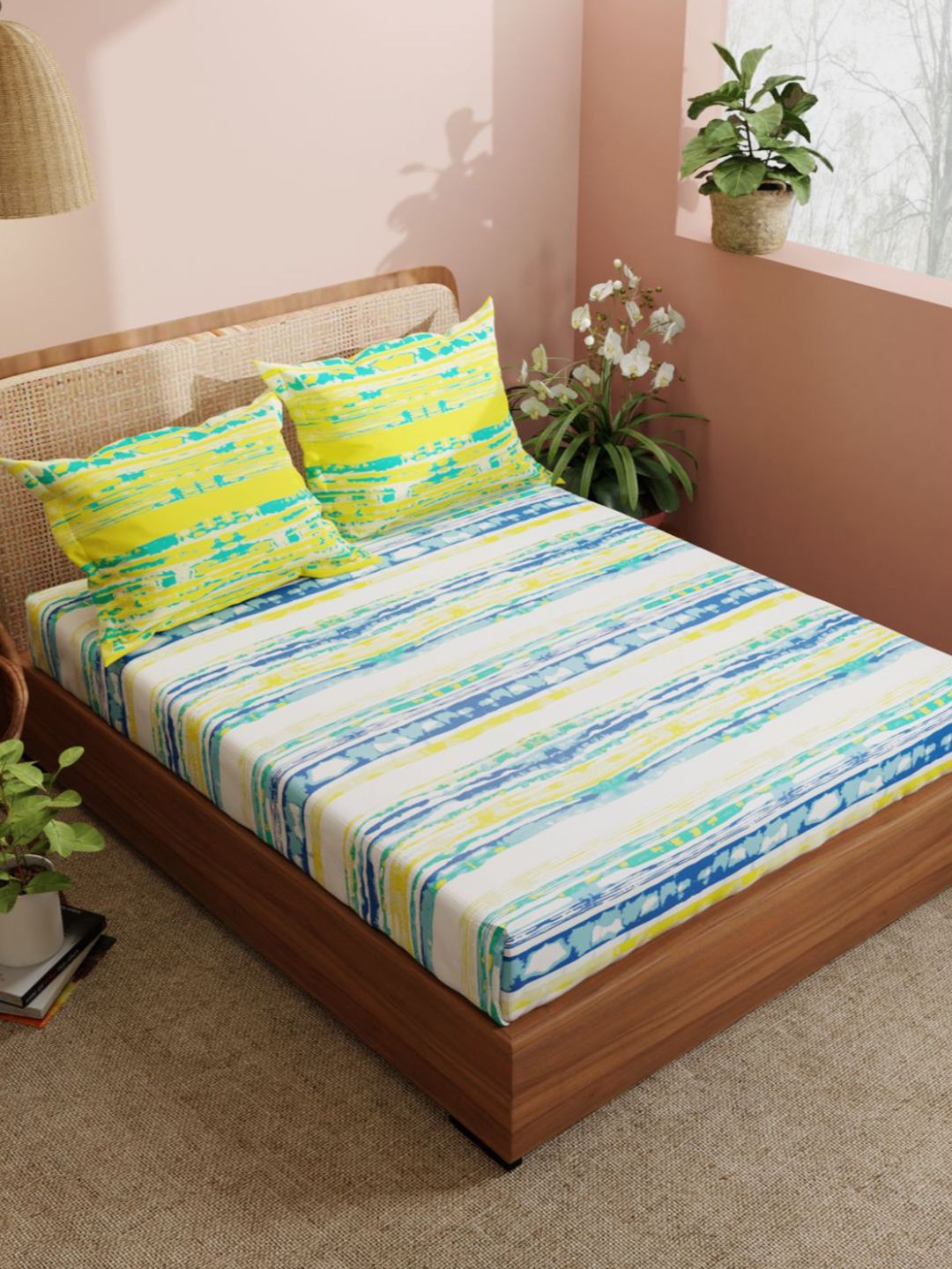 BIANCA White & Blue Striped 210 TC Pure Cotton King Bedsheet with 2 Pillow Covers Price in India