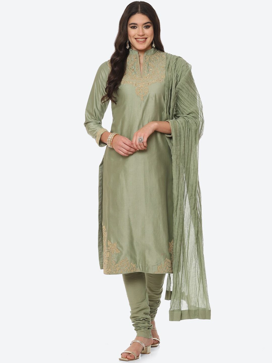 Biba by Rohit Bal Women Green Thread Work Chanderi Silk Kurta with Churidar  With Dupatta Price in India