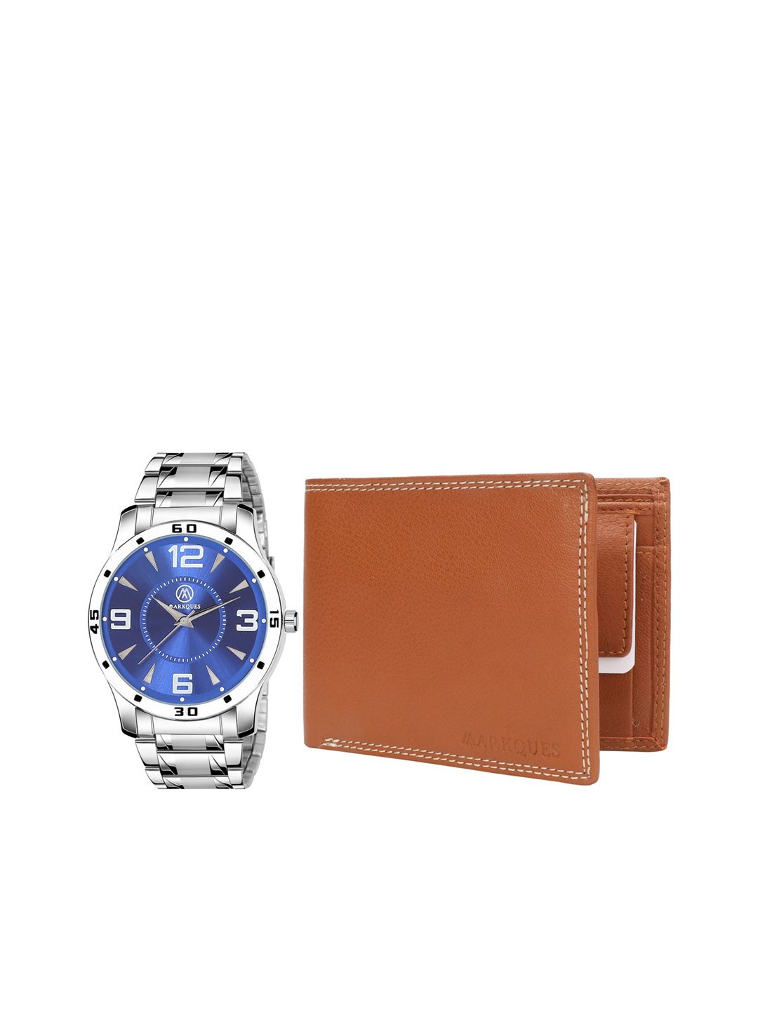 MARKQUES Men Silver-Toned Solid Watch & Wallet Combo Accessory Gift Set
