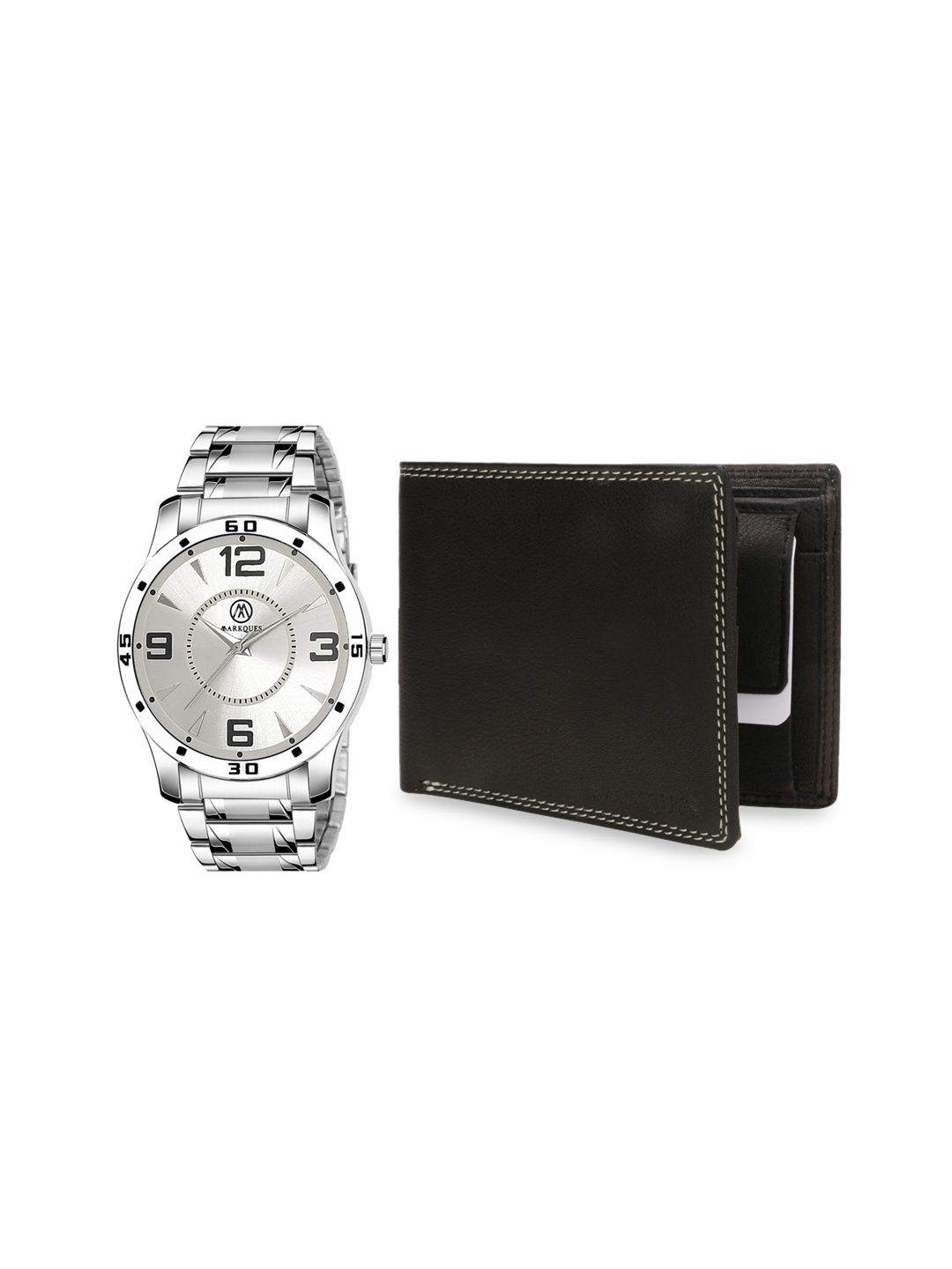 MARKQUES Men Silver Toned & Black Analouge Watch & Wallet Combo Set